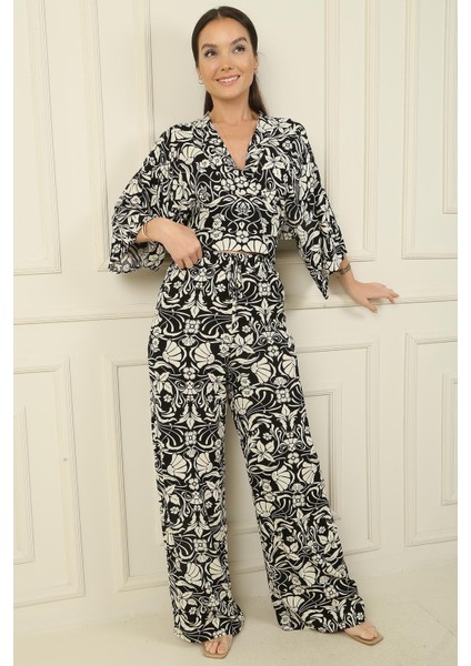 Ön Arka V Yaka Crop Beli Lastikli Cepli Palazzo Pantolon Çiçekli 2'li Takım modelleri