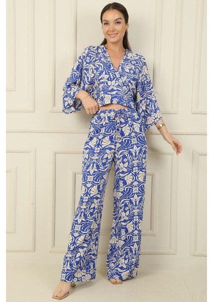 Ön Arka V Yaka Crop Beli Lastikli Cepli Palazzo Pantolon Çiçekli 2'li Takım