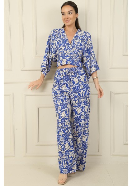 Ön Arka V Yaka Crop Beli Lastikli Cepli Palazzo Pantolon Çiçekli 2'li Takım fiyatları