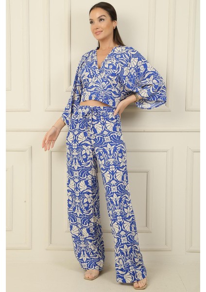 Ön Arka V Yaka Crop Beli Lastikli Cepli Palazzo Pantolon Çiçekli 2'li Takım modelleri