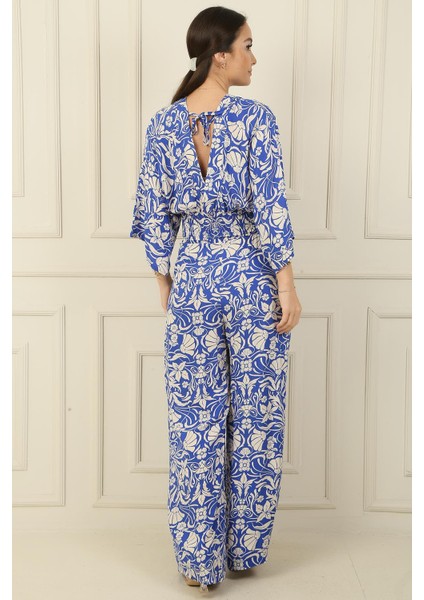 Ön Arka V Yaka Crop Beli Lastikli Cepli Palazzo Pantolon Çiçekli 2'li Takım fırsatları