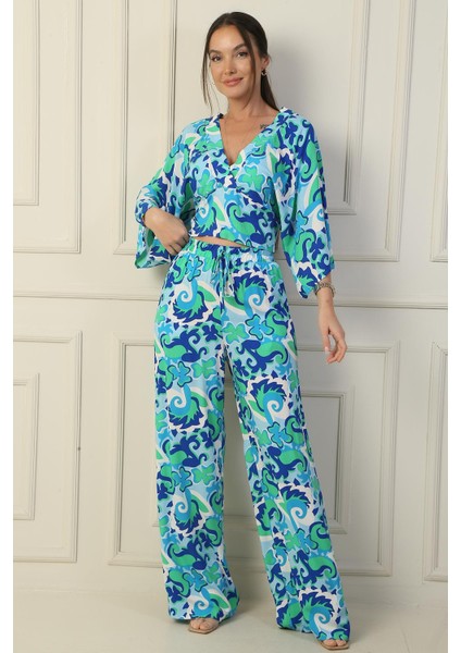 Beli Lastikli Cepli Palazzo Pantolon Ön Arka V Yaka Crop Etnik Desenli 2'li Takım