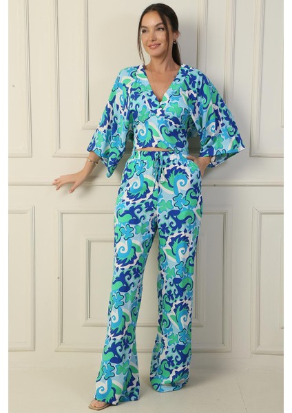 Beli Lastikli Cepli Palazzo Pantolon Ön Arka V Yaka Crop Etnik Desenli 2'li Takım modelleri