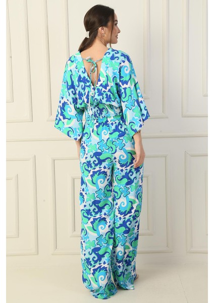 Beli Lastikli Cepli Palazzo Pantolon Ön Arka V Yaka Crop Etnik Desenli 2'li Takım fırsatları