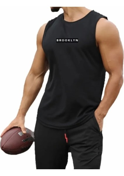 Özel Tasarım Brooklyn Baskılı %100 Pamuk Slim Fit Kolsuz Gym Sportwear Erkek T-Shırt