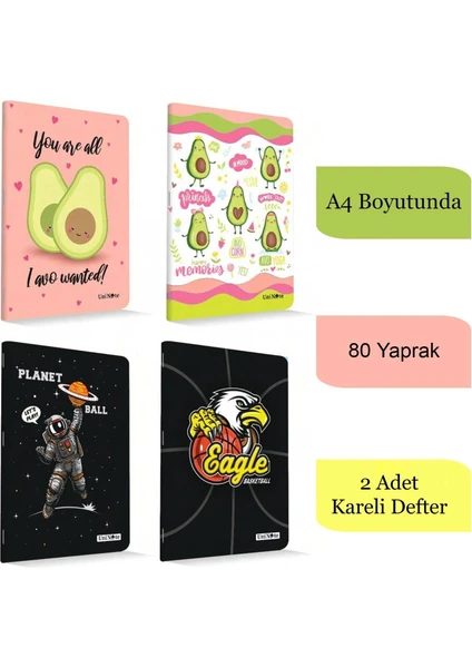 A4 80 Yaprak Karton Kapak Dikişli Defter Kareli 2 Adet