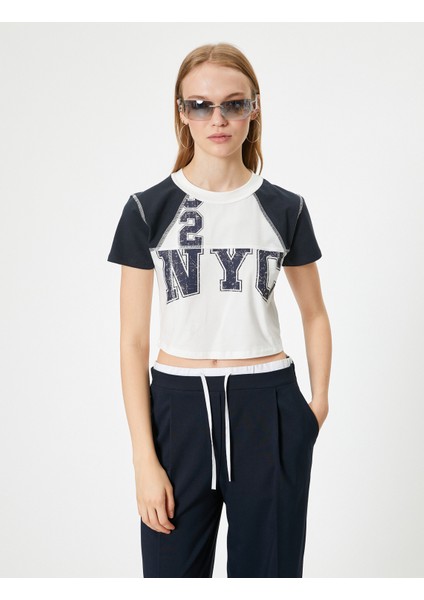 Crop Tişört Kolej Baskılı Bisiklet Yaka Slim Fit Renk Bloklu