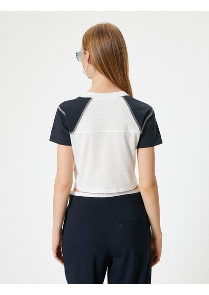 Crop Tişört Kolej Baskılı Bisiklet Yaka Slim Fit Renk Bloklu