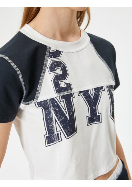 Crop Tişört Kolej Baskılı Bisiklet Yaka Slim Fit Renk Bloklu