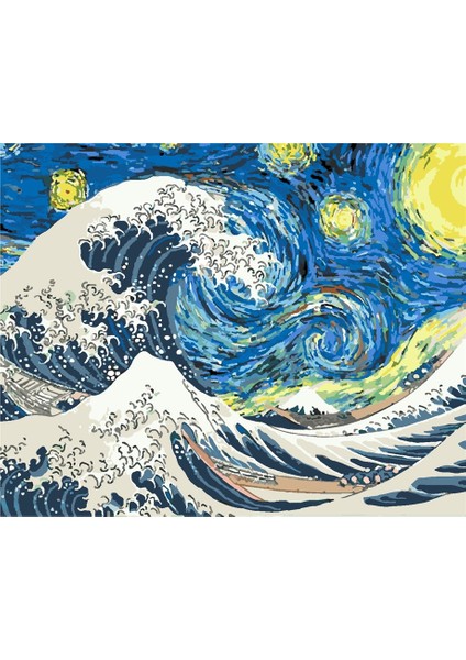 Kanagawa Dalgası ve Yıldızlı Geceler Sayılarla Boyama Seti 60X75 cm Tuvale Gerili
