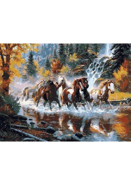 Nehirde Atlar 2 Sayılarla Boyama SETI(40X50 cm Tuval Şasesine Gerili)