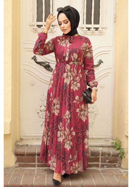 Çiçek Desenli Vişne Tesettür Elbise 50355VSN