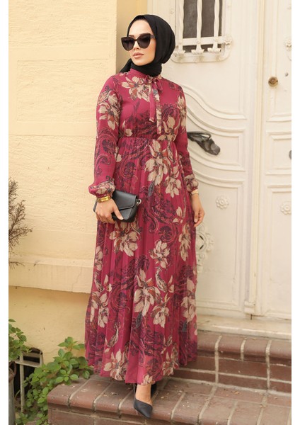 Çiçek Desenli Vişne Tesettür Elbise 50355VSN fiyatları