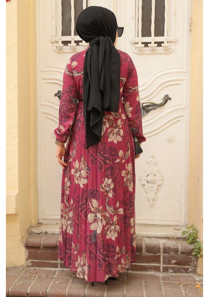 Çiçek Desenli Vişne Tesettür Elbise 50355VSN modelleri