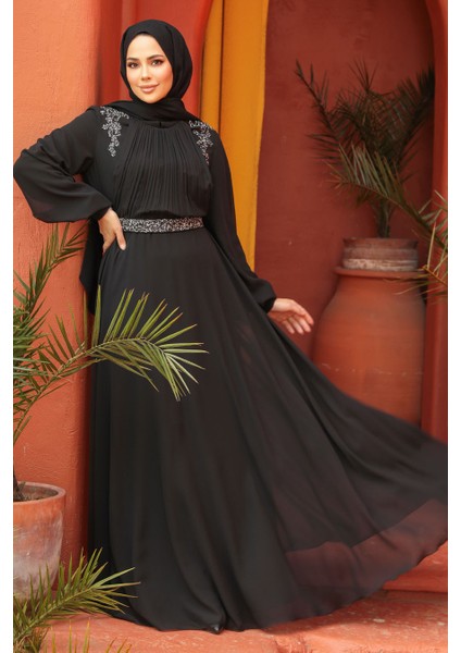 Drape Detaylı Siyah Tesettür Abiye Elbise 25879S