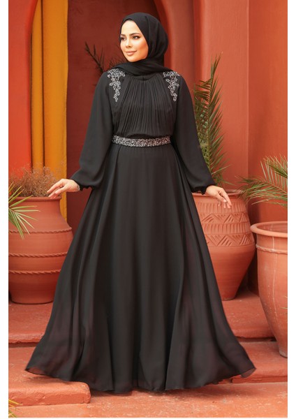 Drape Detaylı Siyah Tesettür Abiye Elbise 25879S fiyatları