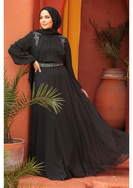 Drape Detaylı Siyah Tesettür Abiye Elbise 25879S modelleri