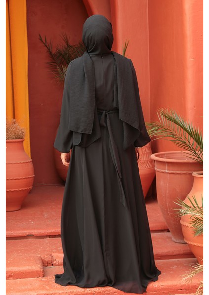 Drape Detaylı Siyah Tesettür Abiye Elbise 25879S fırsatları