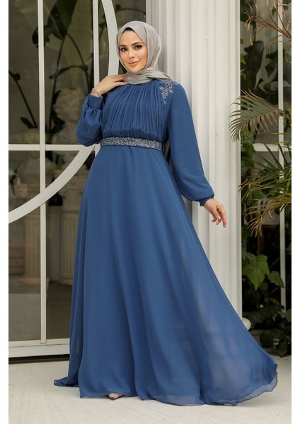 Drape Detaylı Indigo Mavisi Tesettür Abiye Elbise 25879IM
