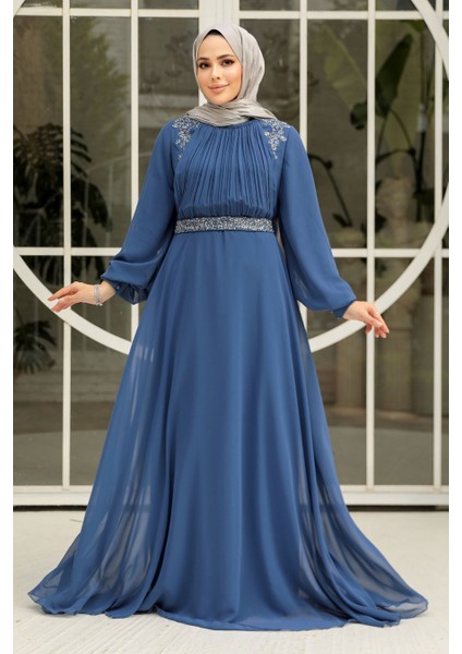 Drape Detaylı Indigo Mavisi Tesettür Abiye Elbise 25879IM fiyatları