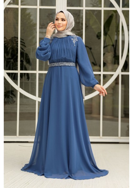 Drape Detaylı Indigo Mavisi Tesettür Abiye Elbise 25879IM modelleri