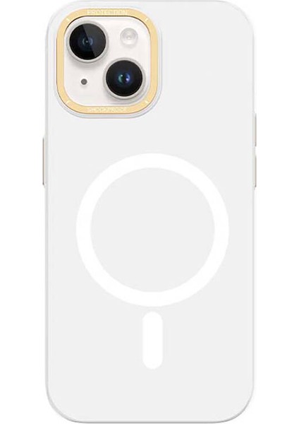 iPhone 14 Uyumlu Kılıf Magsafe Şarj Özellikli Metal Kamera Çerçeveli Recci Glaze Serisi Kapak Beyaz
