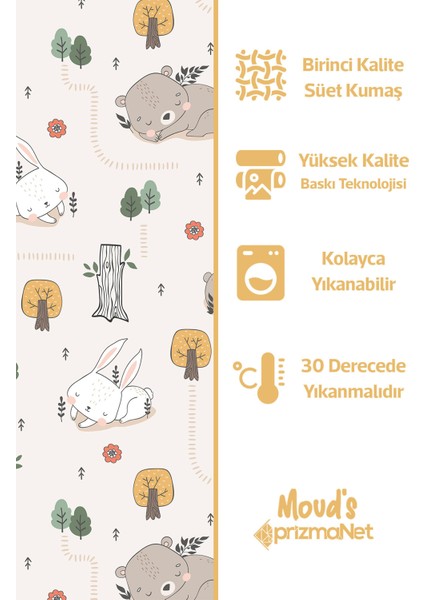 Tavşan ve Ayıcık Desenli Baskılı Çocuk ve Bebek Odası Fon Perdesi 2 Kanat - Prd-04