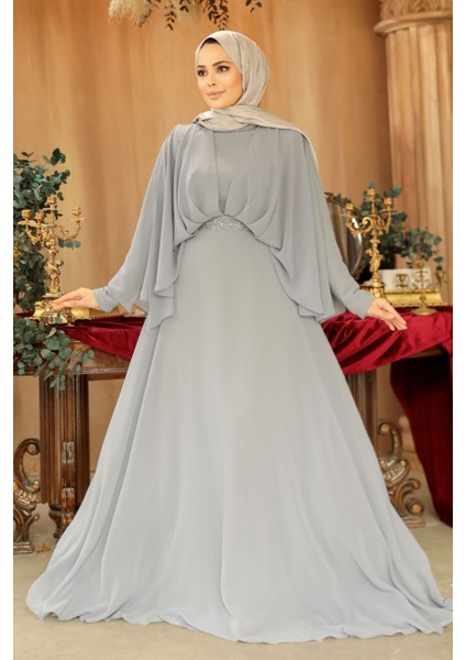 Drape Detaylı Gri Tesettür Abiye Elbise 25891GR