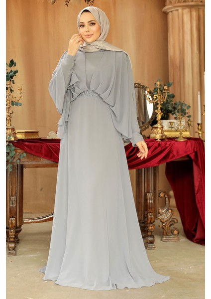 Drape Detaylı Gri Tesettür Abiye Elbise 25891GR