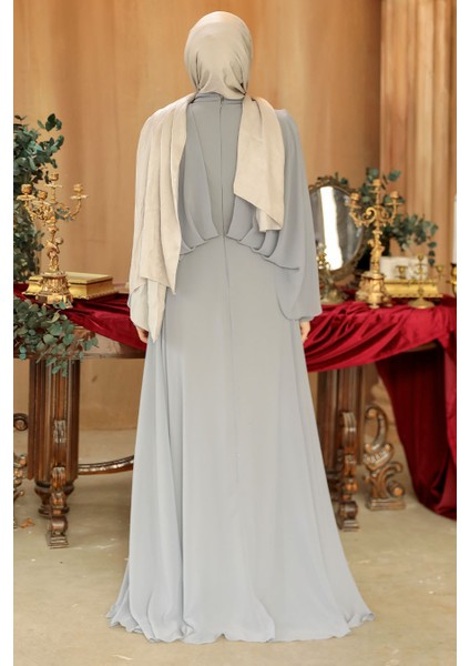 Drape Detaylı Gri Tesettür Abiye Elbise 25891GR