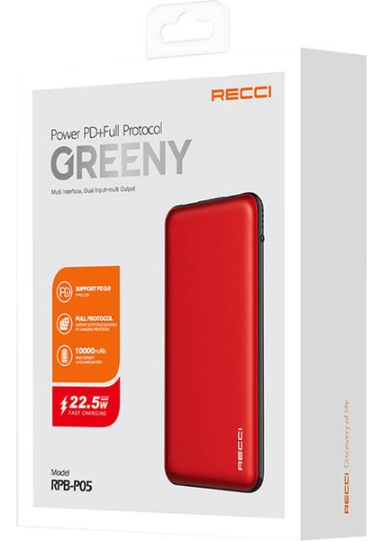 Hızlı Şarj Özellik Powerbank Recci RPB-P05 Greeny Serisi LED Işık Göstergeli 22.5W 10000MAH Kırmızı