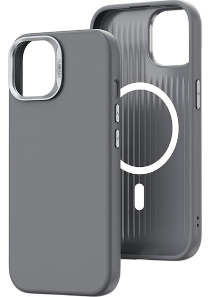 iPhone 15 Pro Max Uyumlu Kılıf Wiwu SP-019 Magsafe Şarj Özellikli Vegan Leather Deri Kapak Gri