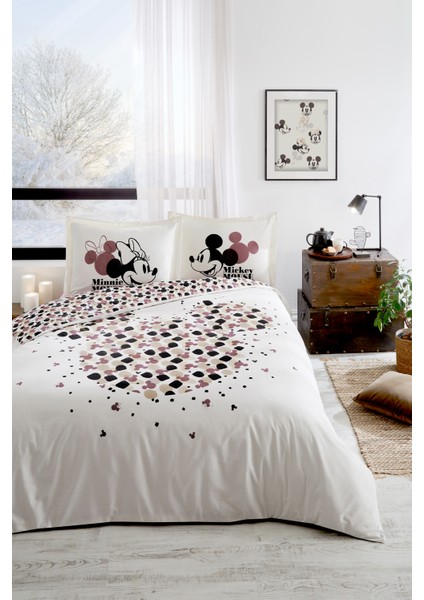 Mickey & Minnie Mouse Love Çift Kişilik Disney Lisanslı Lastikli Fitted Çarşaf Nevresim Takımı