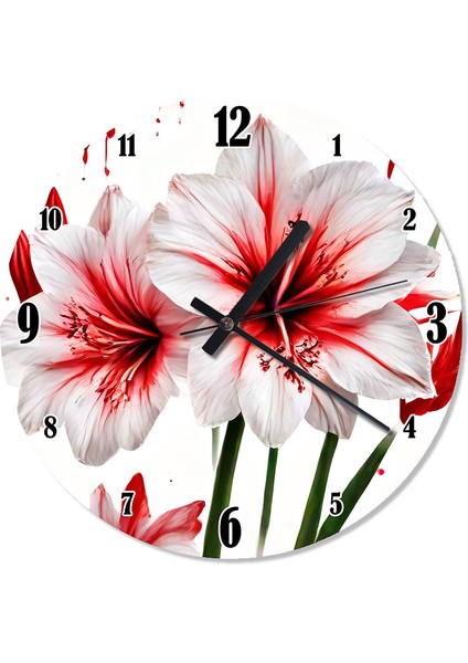Kırmızı Beyaz Çiçekler Akarlı Duvar Saati
