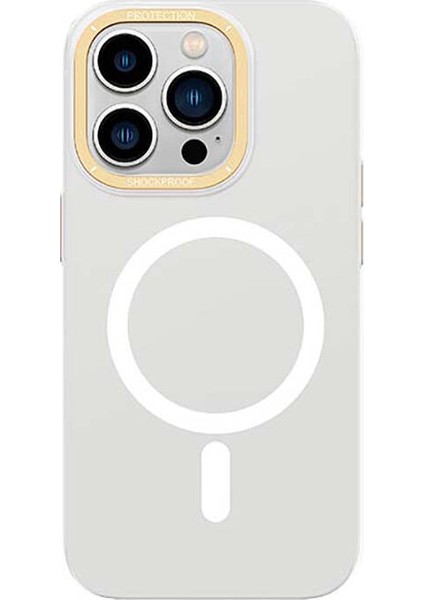 iPhone 14 Pro Max Uyumlu Kılıf Magsafe Özellik Metal Kamera Çerçeveli Recci Glaze Serisi Kapak Beyaz