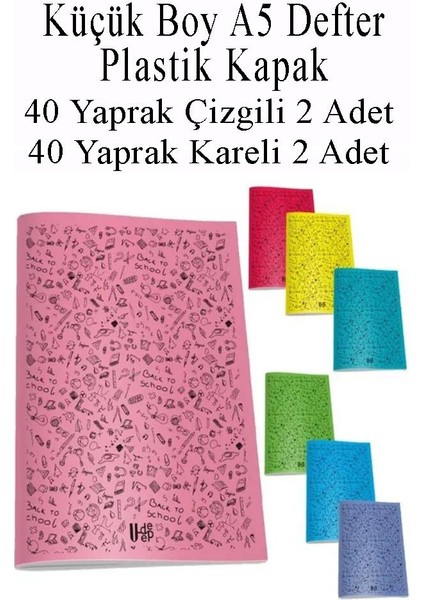 Defter Plastik Kapak A5 40 Yaprak Çizgili 2 Adet ve 40 Yaprak Kareli 2 Adet Küçük Boy Defter