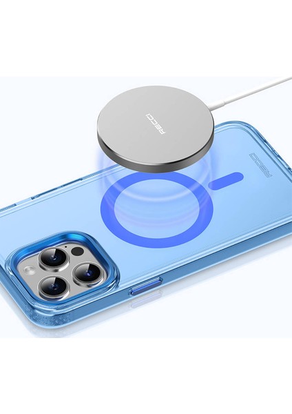 iPhone 15 Pro Max Uyumlu Kılıf Magsafe Özellikli Saydam Yüzey Recci Crystal Color Serisi Kapak Mavi
