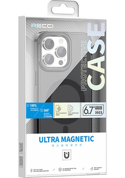 iPhone 15 Pro Uyumlu Kılıf Magsafe Özellikli Saydam Yüzey Recci Crystal Color Serisi Kapak Siyah