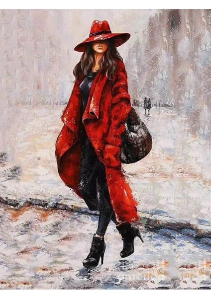 Kırmızı Montlu Kız Sayılarla Boyama Seti 40X50 cm (Tuvale Gerili)