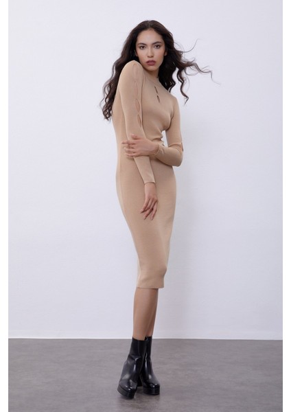 Camel Damla Dekolteli Triko Elbise fiyatları