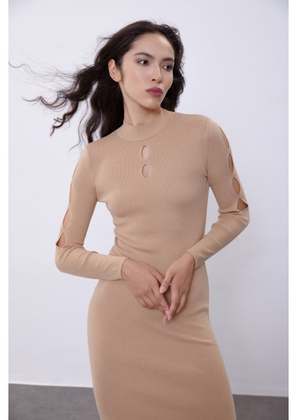 Camel Damla Dekolteli Triko Elbise modelleri