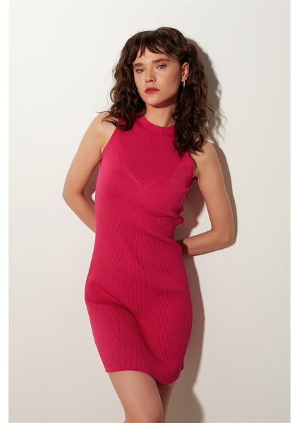 Pembe Bisiklet Yaka Fitilli Triko Elbise fiyatları