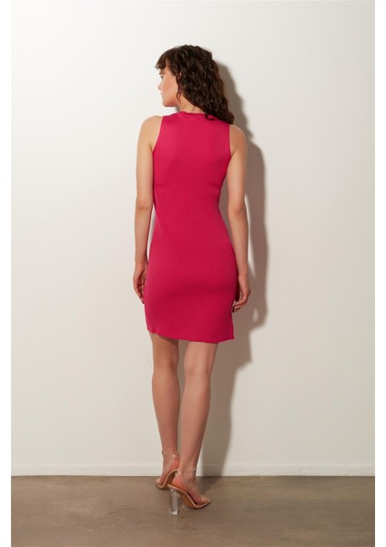 Pembe Bisiklet Yaka Fitilli Triko Elbise fırsatları