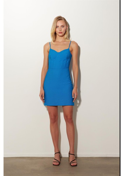 Mavi Askılı Mini Elbise