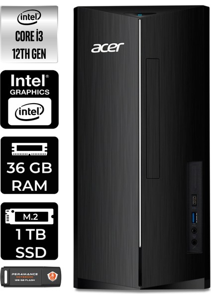 Aspire TC1760 Intel Core I3 12100 36GB 1tb SSD Fdos DT.BHUEM.004 Masaüstü Bilgisayar & Per4 USB Bellek DTBHUEM004P333