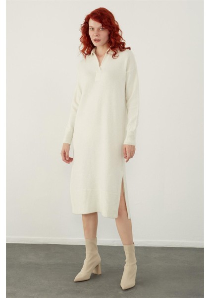 Ekru Polo Yaka Basic Midi Triko Elbise