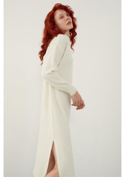 Ekru Polo Yaka Basic Midi Triko Elbise modelleri