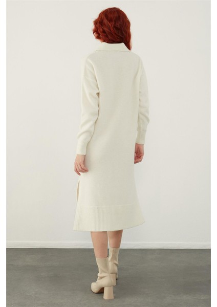 Ekru Polo Yaka Basic Midi Triko Elbise fırsatları