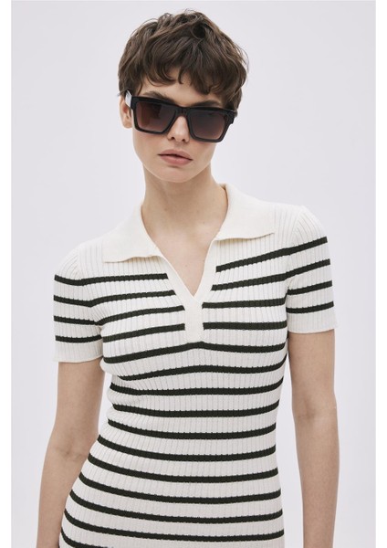 Ekru Polo Yaka Çizgili Triko Elbise modelleri