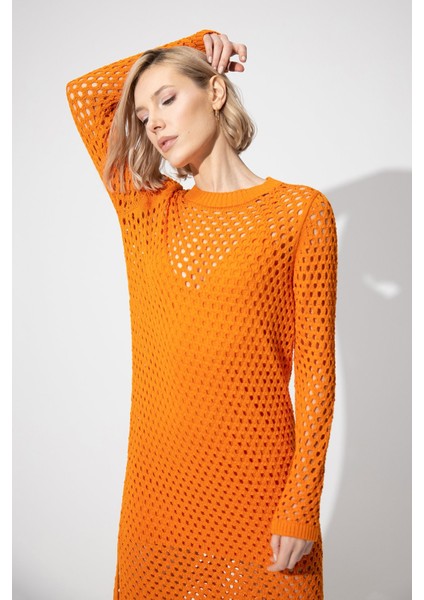 Turuncu Midi Boy Ajurlu Elbise modelleri